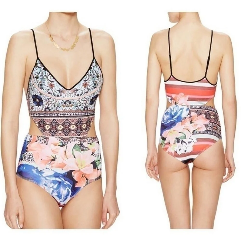CLOVER CANYON Floral Collage Vibrant Cutout One Piece Swimsuit XS